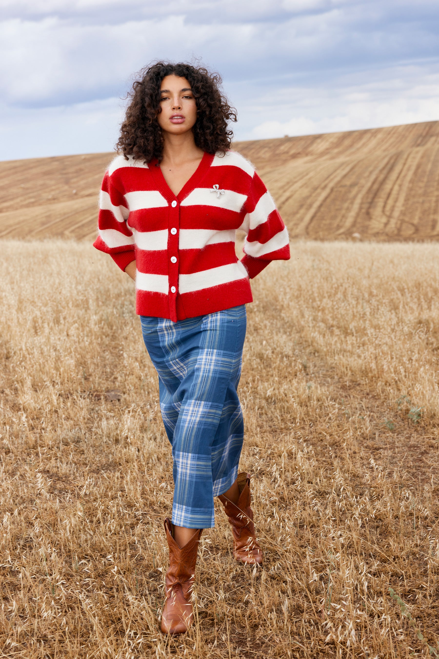 AGNES CARDI IN RUBY ANTIQUE STRIPE