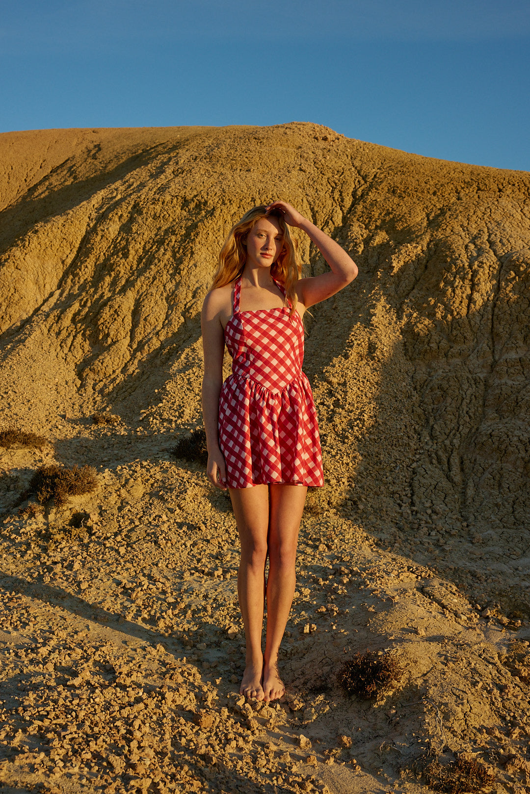 strapless open back dress Red Gingham Cotton Halter Neck Mini Dress
