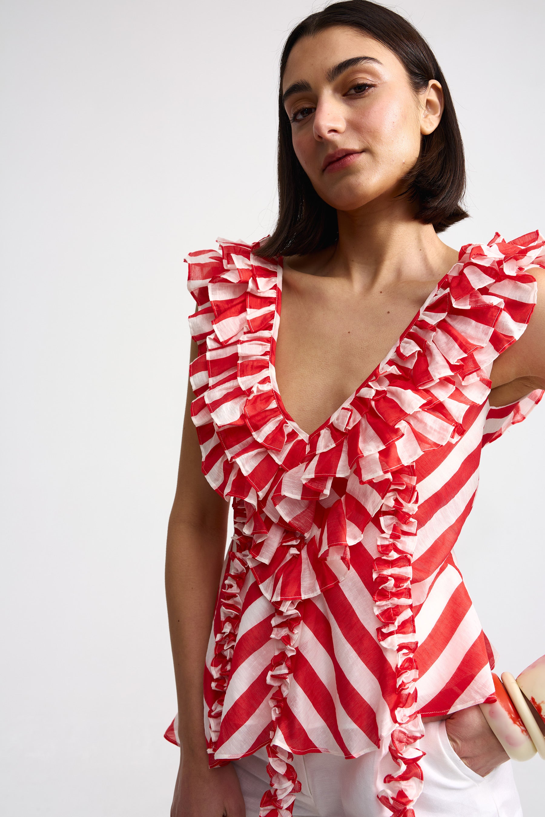 BIANCA TOP IN RUBY ANTIQUE STRIPE