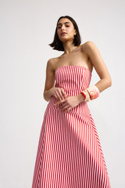 SLOANE DENIM DRESS IN RUBY ANTIQUE STRIPE