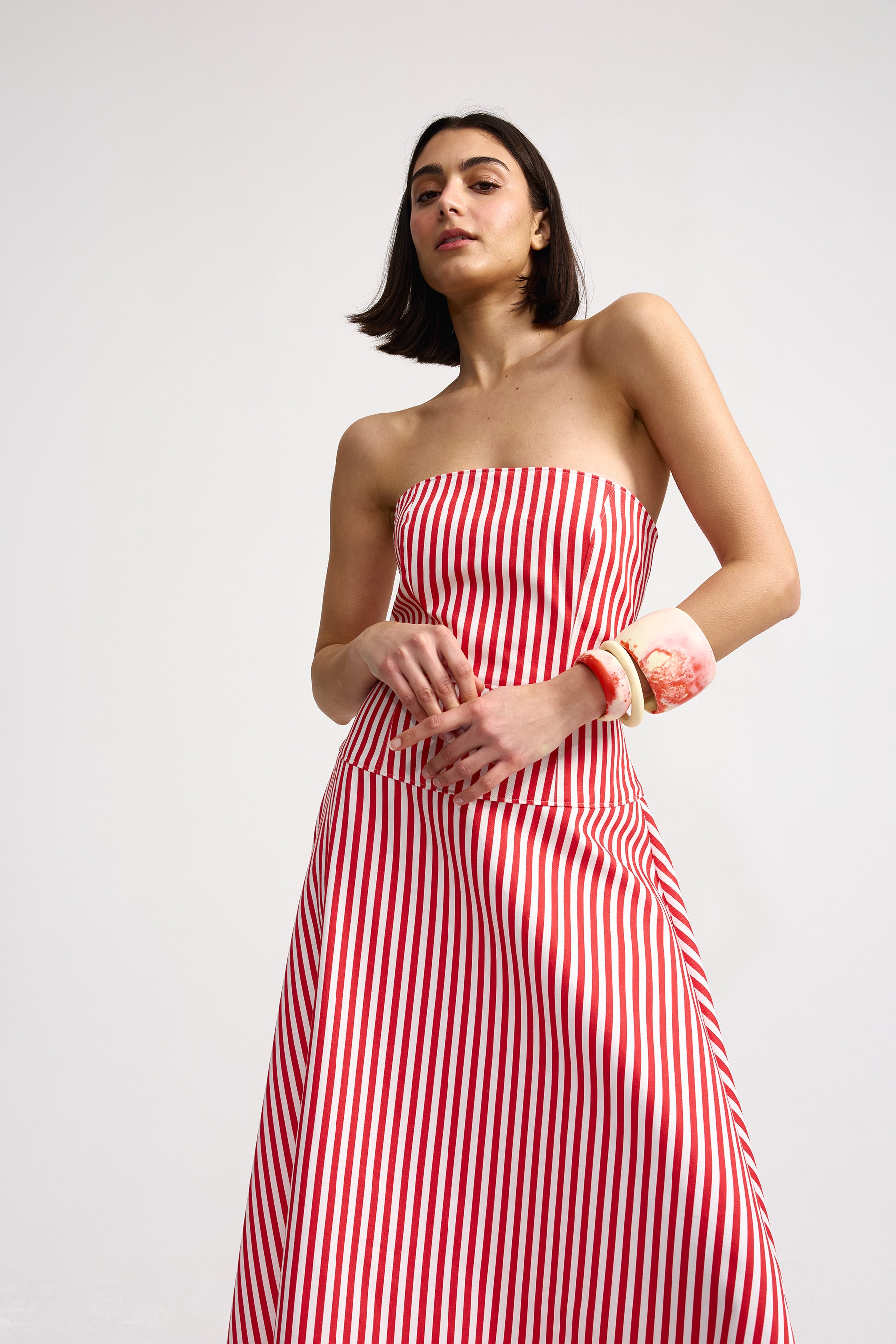 SLOANE DENIM DRESS IN RUBY ANTIQUE STRIPE