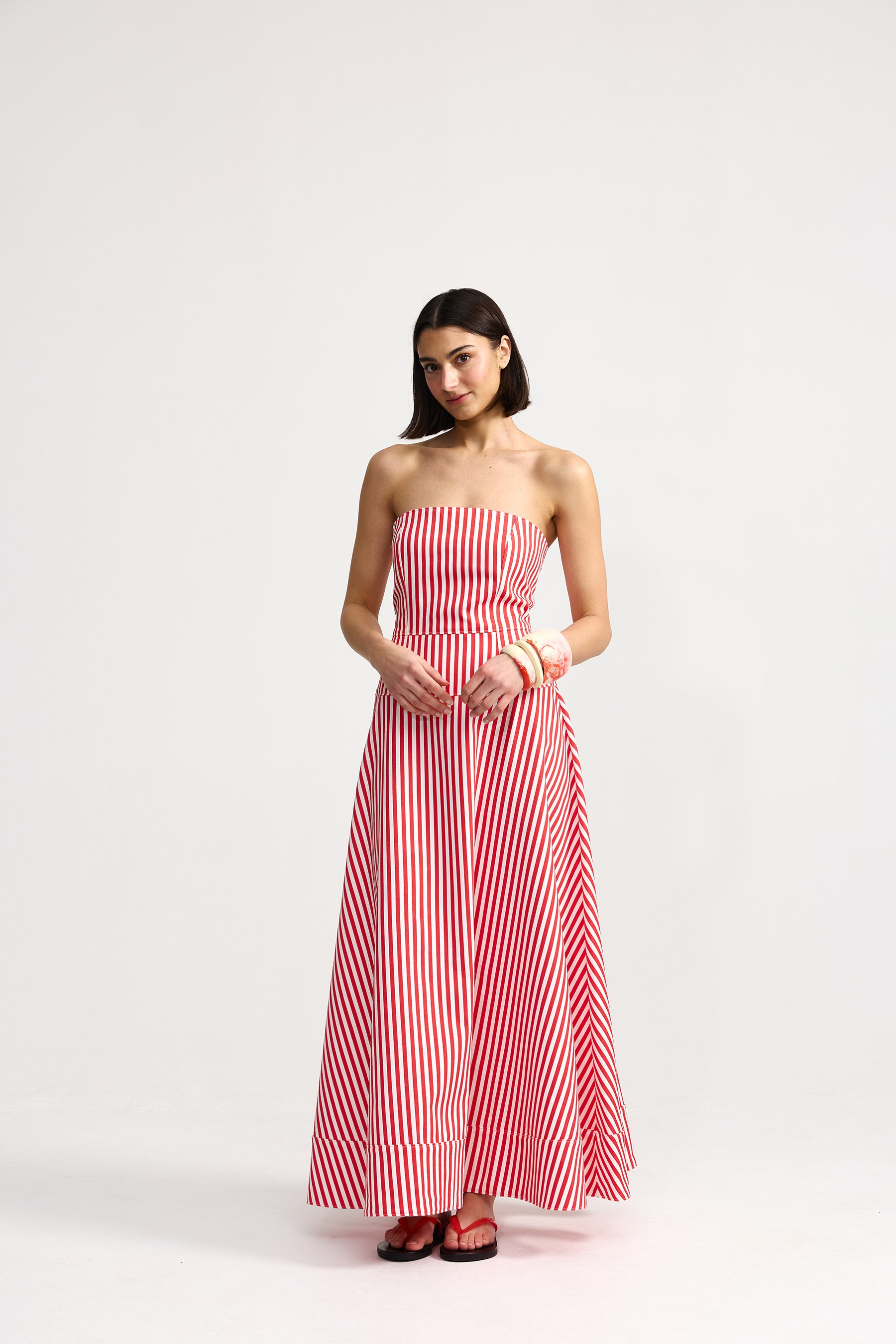 SLOANE DENIM DRESS IN RUBY ANTIQUE STRIPE