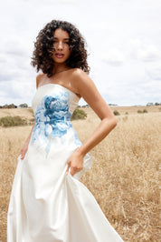AUDREY GOWN IN ANTIQUE CERULEAN PEONY