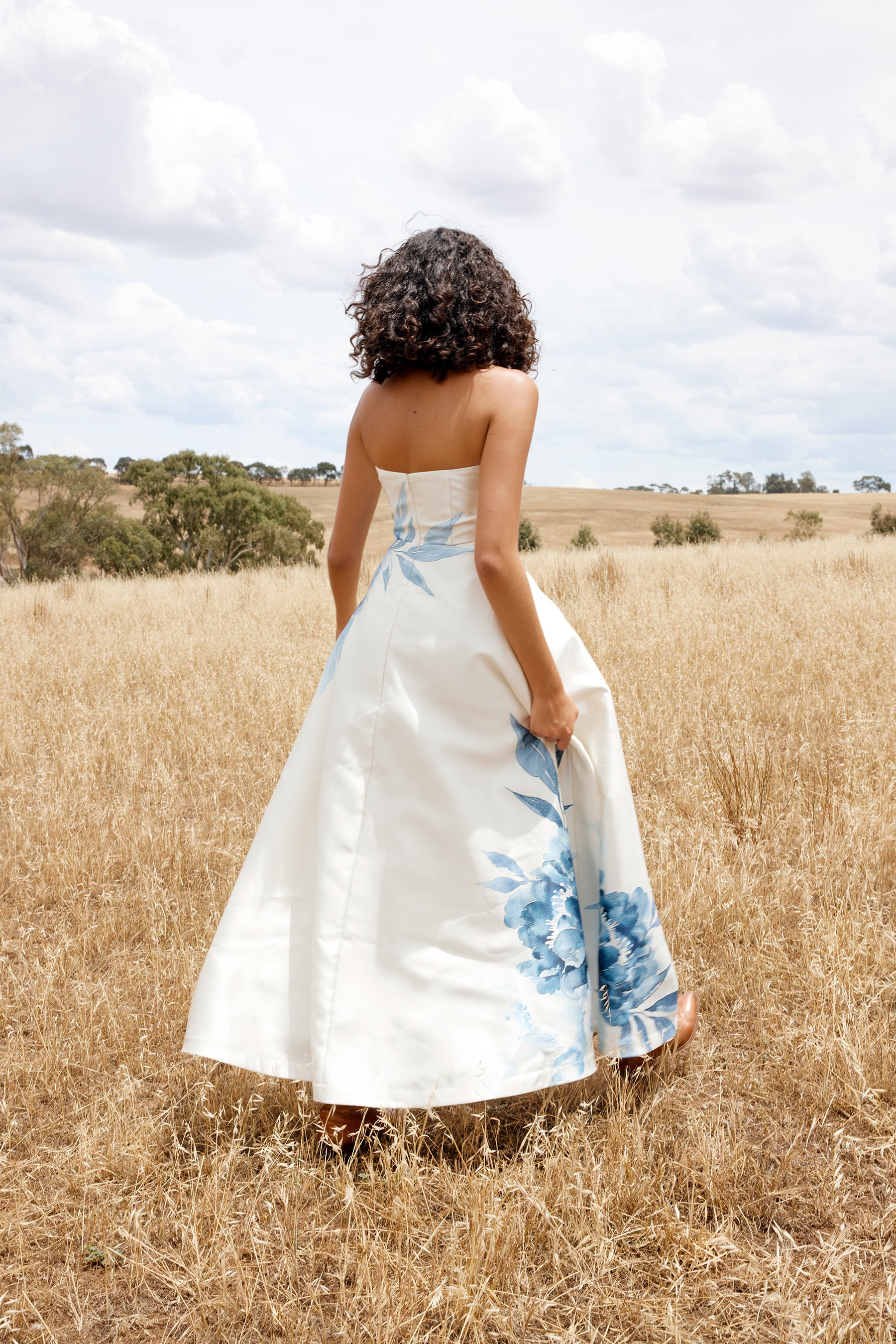 AUDREY GOWN IN ANTIQUE CERULEAN PEONY