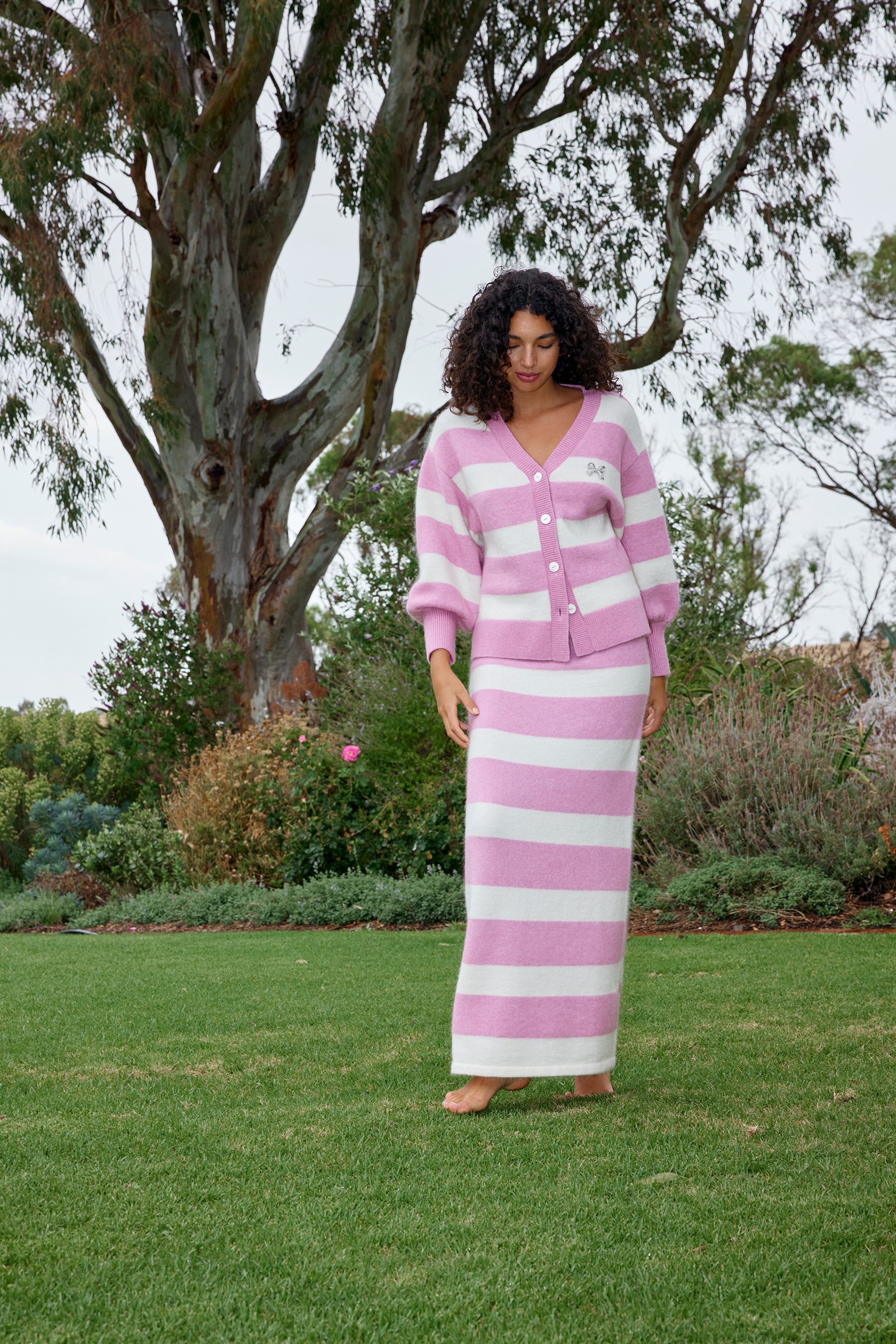 AGNES MIDI SKIRT IN PEONY/ANTIQUE STRIPE