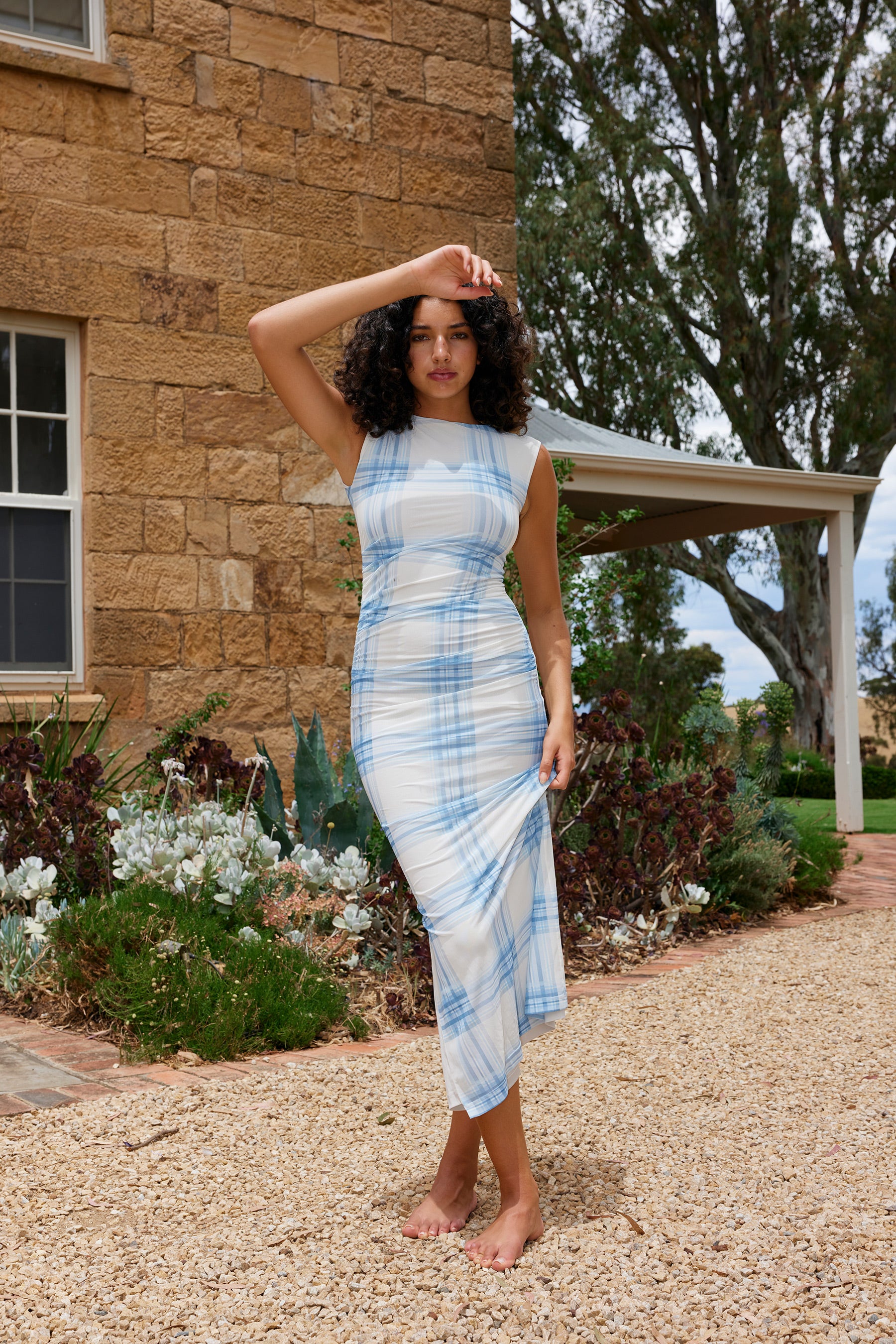 ARIEL MESH DRESS IN CERULEAN PLAID