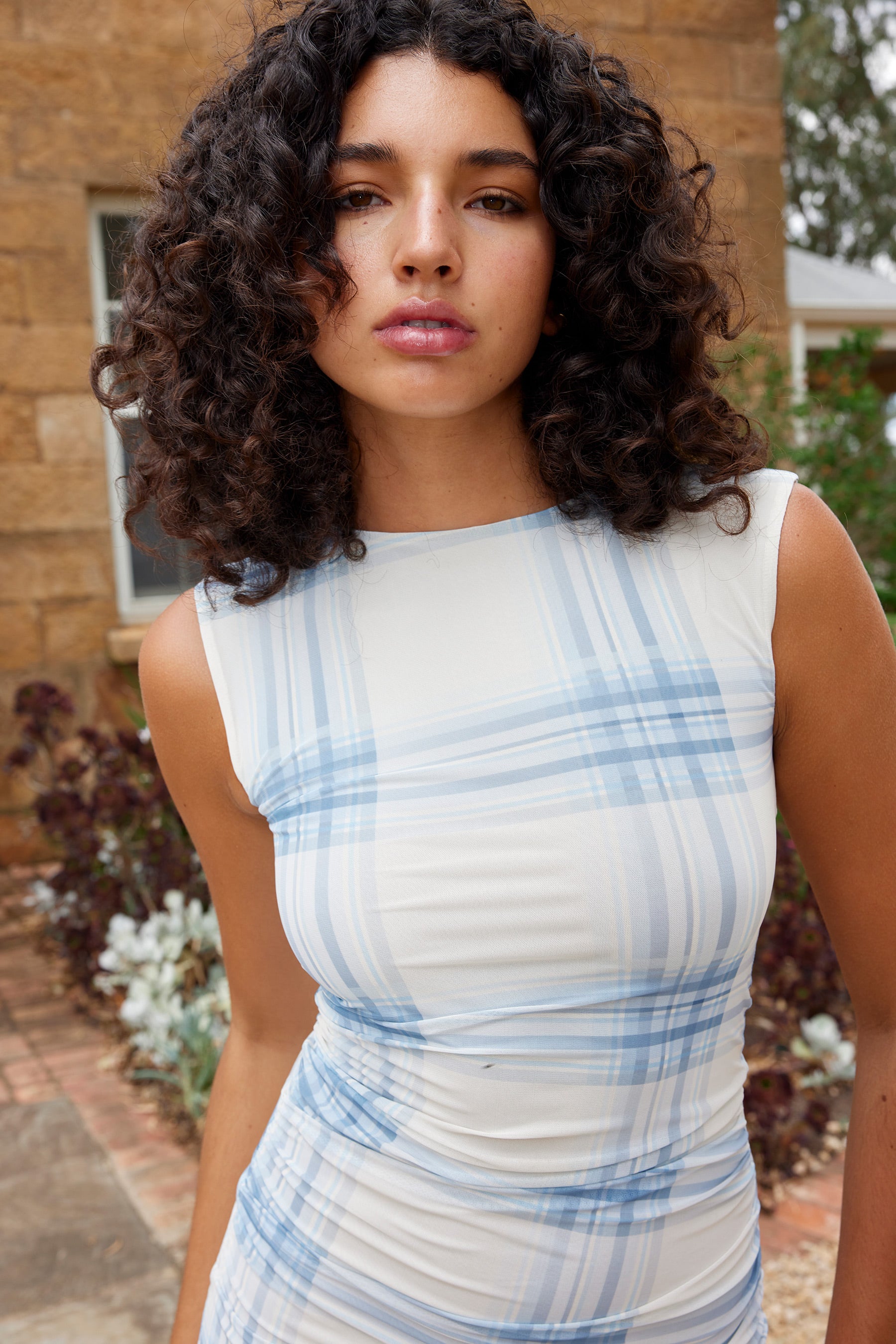 ARIEL MESH DRESS IN CERULEAN PLAID