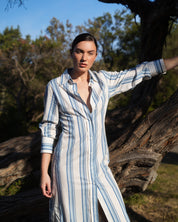 FINN SHIRT DRESS IN CERULEAN ANTIQUE STRIPE