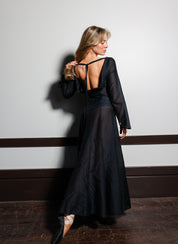 Back view of the Odile Gown showing the deep cowl back and self tie