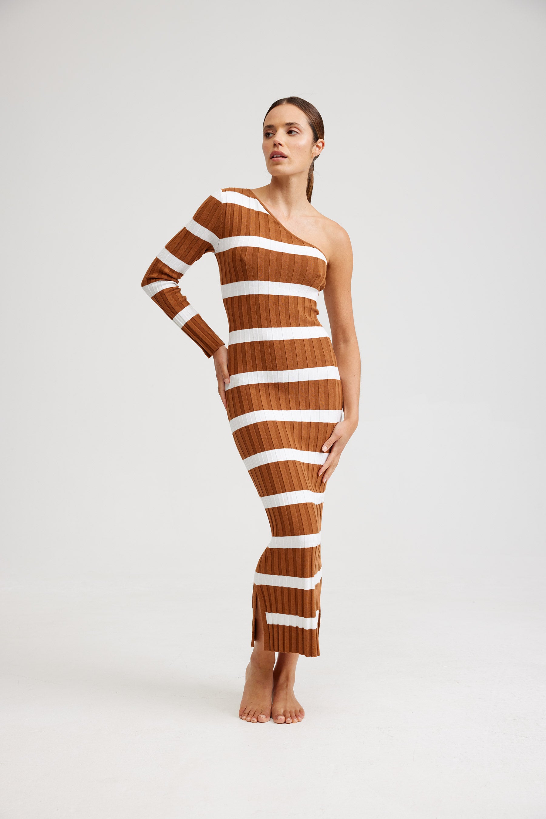 THE CARMEN DRESS IN MILK/CIGAR STRIPE