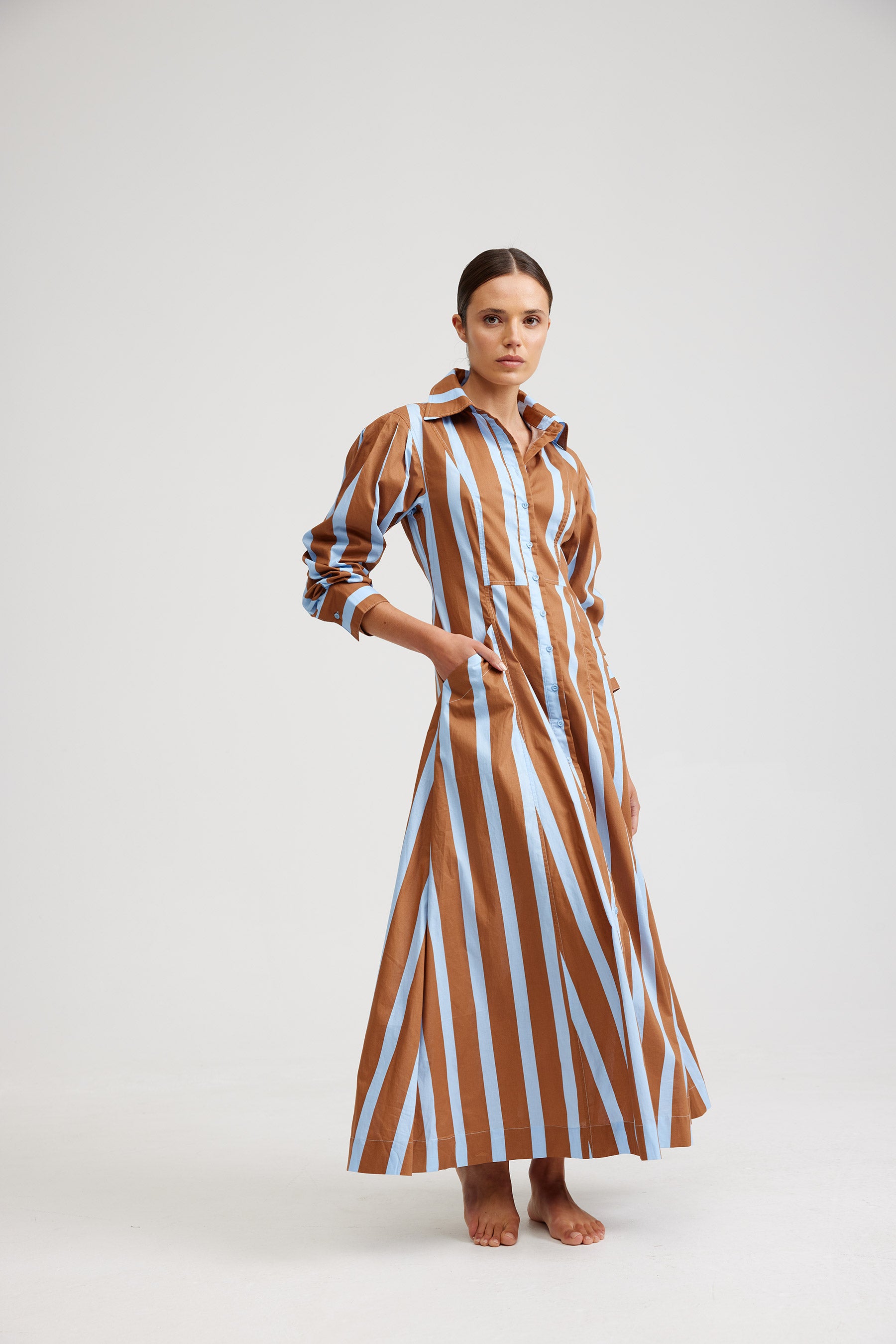 THE BLAZE DRESS IN CIGAR/AZURE STRIPE