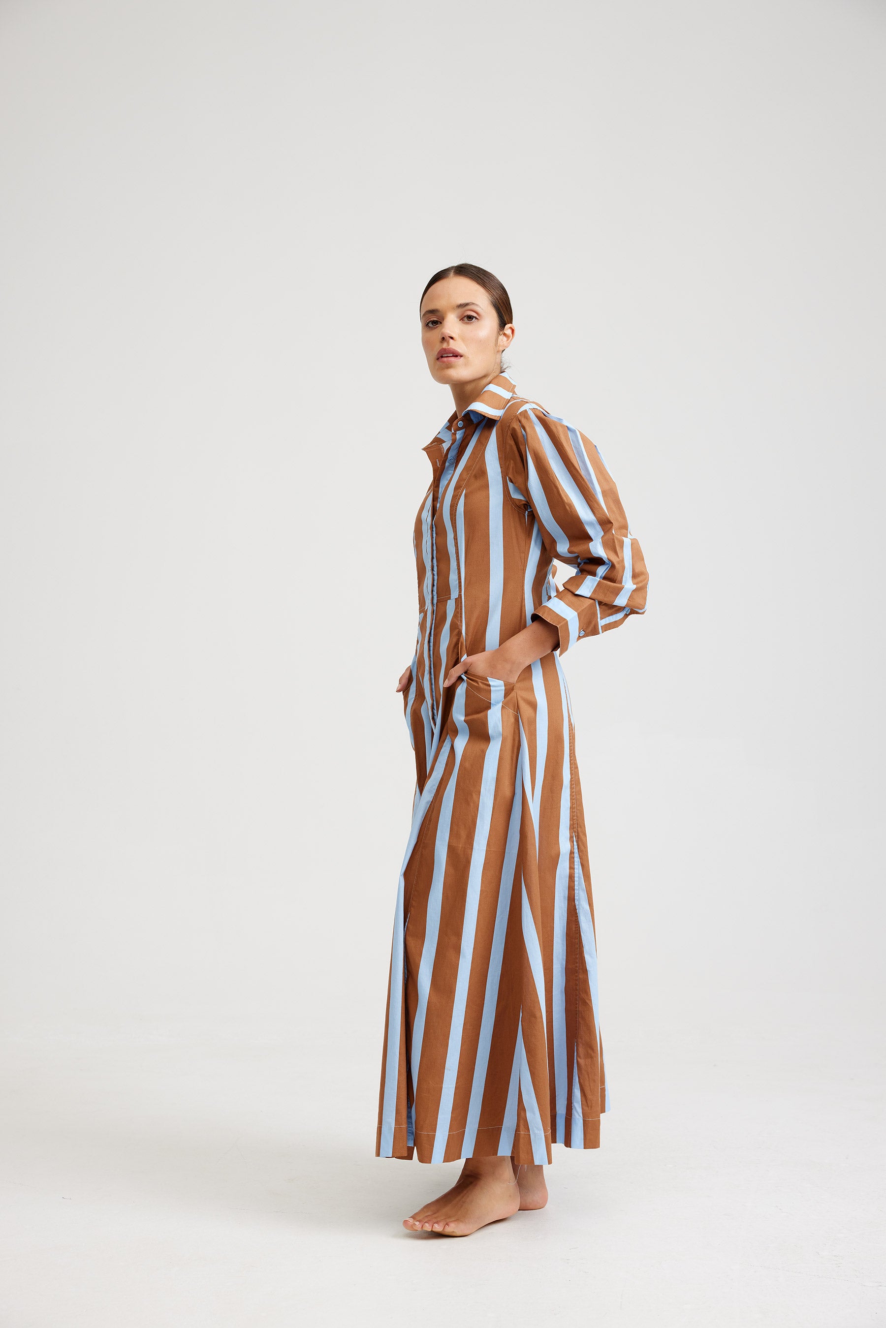 THE BLAZE DRESS IN CIGAR/AZURE STRIPE