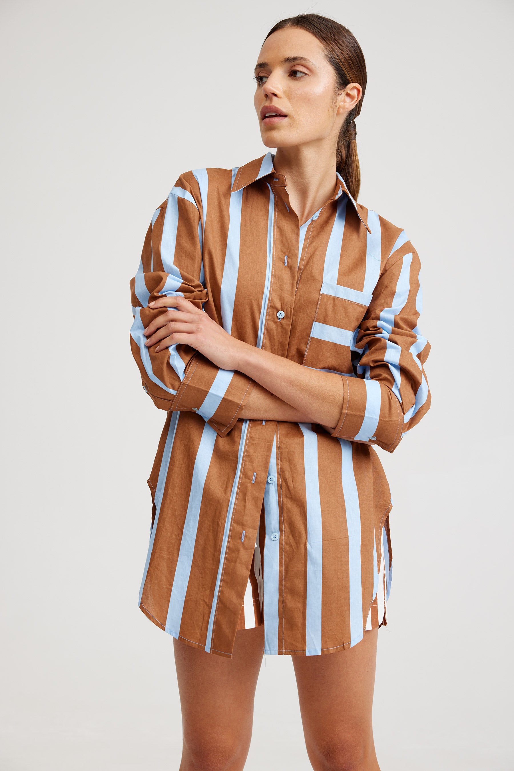 THE BUDDY SHIRT IN CIGAR/AZURE STRIPE